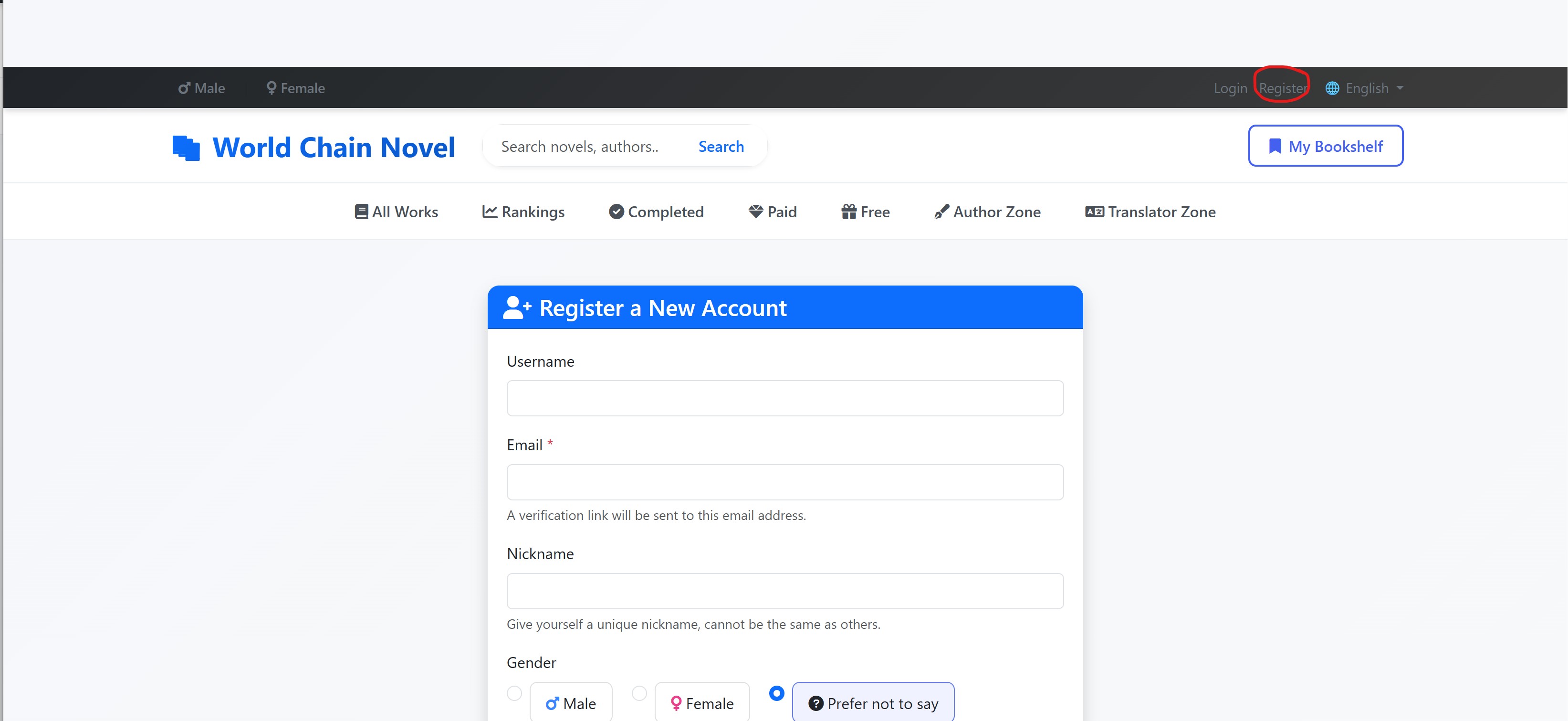 Registration page