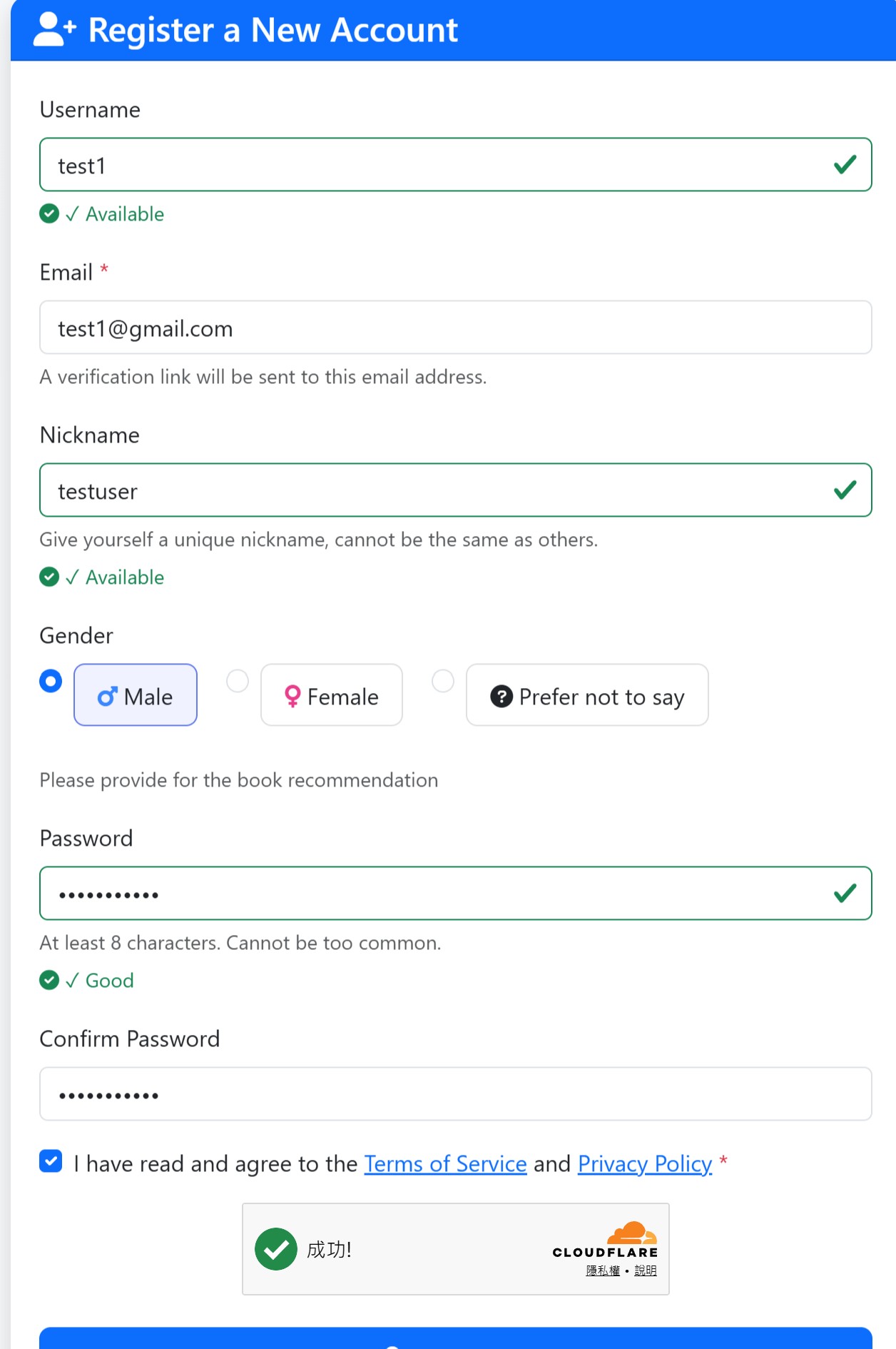 Registration page